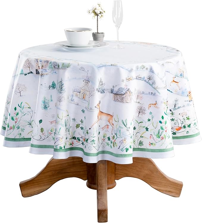 Maison d' Hermine Table Cloth Round Table 100% Cotton 63 Inches Fall Tablecloth Reusable Everyday Use for Thanksgiving Christmas Decorations Dining Farmhouse Party (Snowy World)