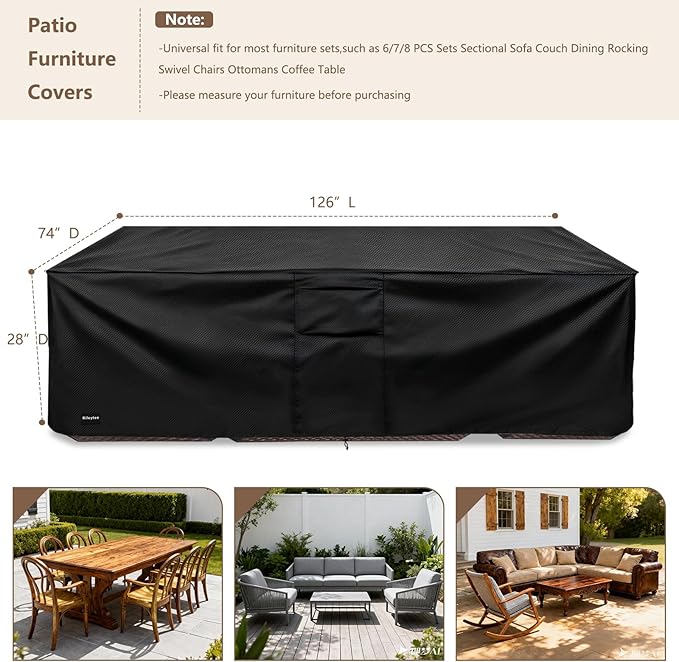 Rectangular Patio Furniture Covers,Upgraded 600D Heavy Duty Outdoor Furniture Covers Waterproof,Outdoor Sectional Dining Table and Chairs General Purpose Furniture Set Cover,126"L × 74"W × 28"H,Black