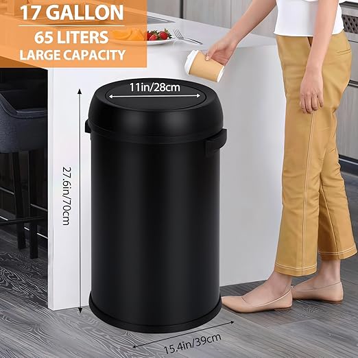 GarveeHome 17 gal/65 L Swing Top Trash Can, Stainless Steel Rubbish Bin, Commercial Grade Waste Container, Round Garbage Can for Outdoor, Home Office, Restaurant, Black