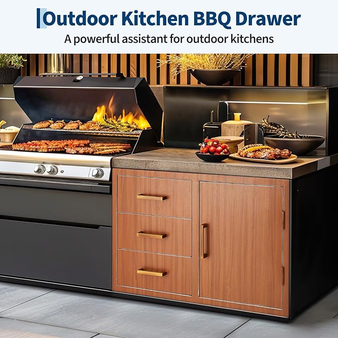 Stainless Steel Outdoor Kitchen Door Drawer Combo 38.2" W x 20.5" H x 22.6" D - Triple Drawers & Access Door, Propane Storage & Adjustable Garbage Ring, Weather-Resistant Flush Mount
