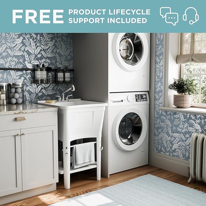 Zenna Home Utility Sink for Laundry Room and Garage, Freestanding Laundry Sink for Garage or Kitchen, Indoor & Outdoor Utility Tub with Pull-Out Faucet, Towel Bar, 24" W x 24" D x 36.75" H, White