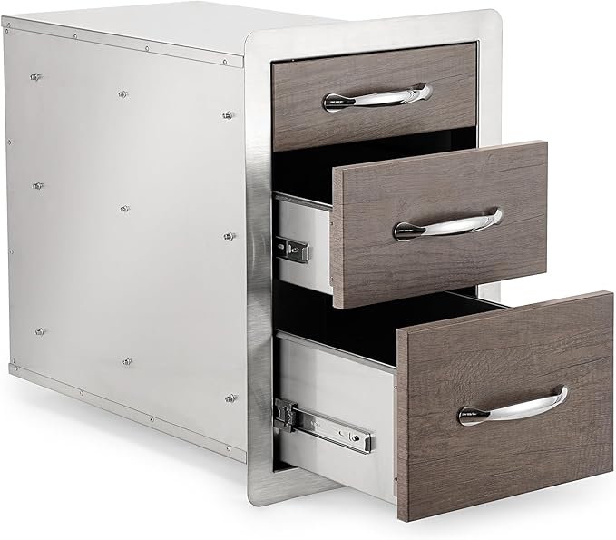 Stanbroil Outdoor Kitchen Drawers Triple BBQ Drawers 15" W x 21.3" H x 23" D, Wood Grain Access Drawer Flush Mount for BBQ Islands or Grill Station