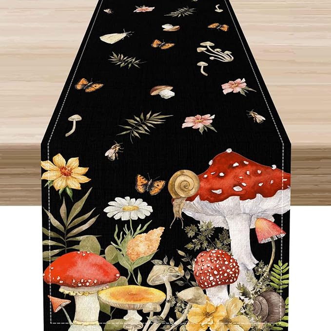 Mushroom Table Runner, Rustic Farmhouse Forest PlantsBotanical Wildfloral Coffee Table Center Decor for Home Kitchen Dining Patio Holiday Party Indoor Outdoor Table Decorations, 13"x90" Inch