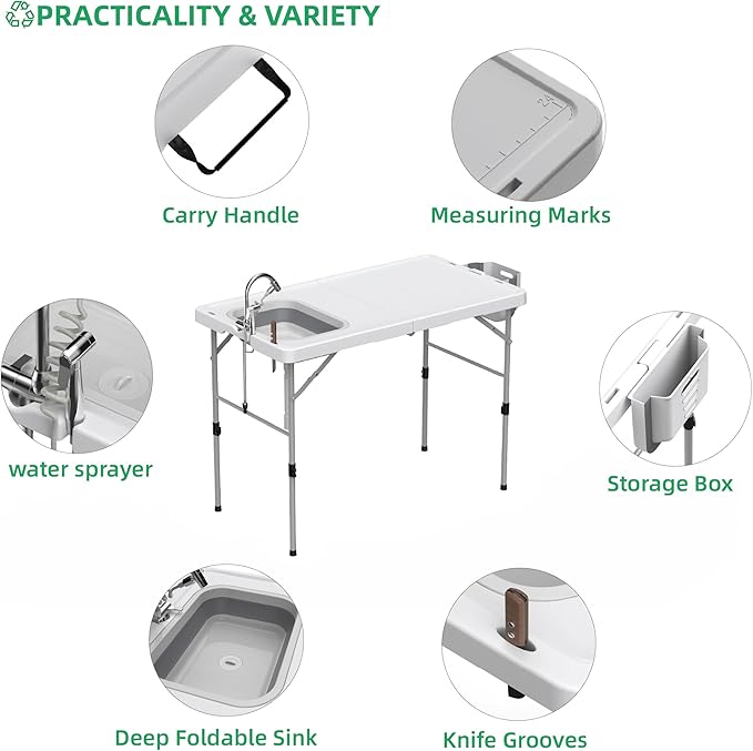 Allpop Fold-in-Half Fish Cleaning Table with Sink & Carrying Bag, 50'' Portable Folding Camping Fish Station with Drainage Hose, Faucet, Sprayer, Storage Box & Grooves for Picnic, White