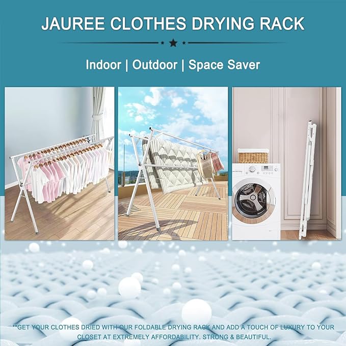JAUREE 95 Inches Clothes Drying Rack, Drying Rack Clothing Folding Indoor Outdoor, Heavy Duty Stainless Steel Laundry Drying Rack, Foldable Portable Clothes Rack Garment Rack with 20 Hooks White