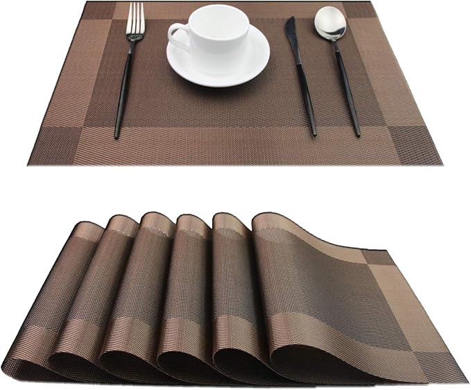 PIGCHCY Place Mats Heat-Resistant Non Slip Placemats Easy Wipe Clean Table Mats Woven Vinyl Placemats for Dining Table(Set of 6, Brown)