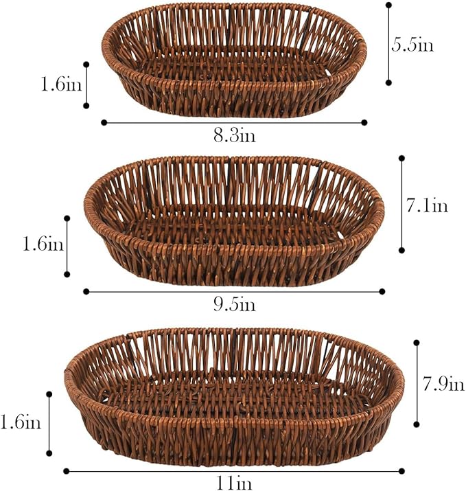 Imitation Wicker Bread Baskets, 3 Pack Rattan Food Serving Basket Handwoven Bread Baskets For Vegetables, Home, Kitchen, Restaurant, Outdoor, (11'',9.5'',8.3'')