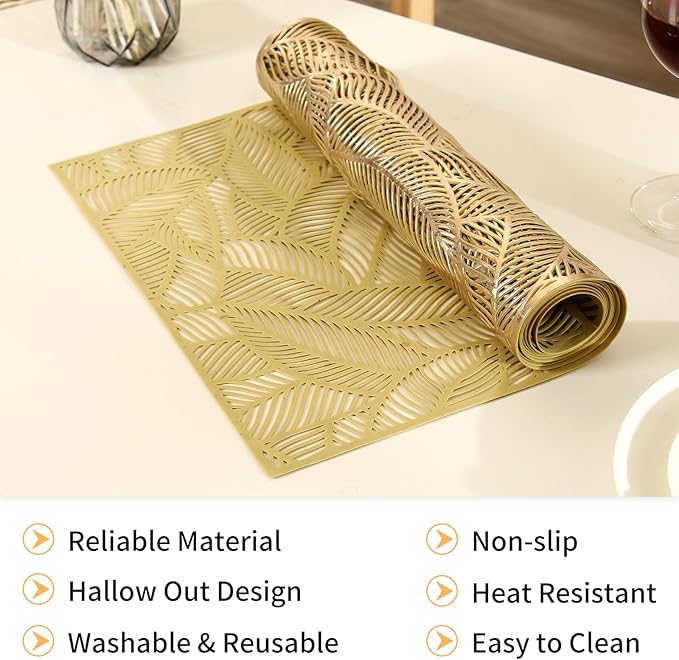 FAVE Gold Table Runner 72 inches Long Heat Resistant Hallowed-Out Vinyl Waterproof Washable Dinning Runner for Wedding, Banquet, Birthday, Party, Restaurant(Gold Rectangle)
