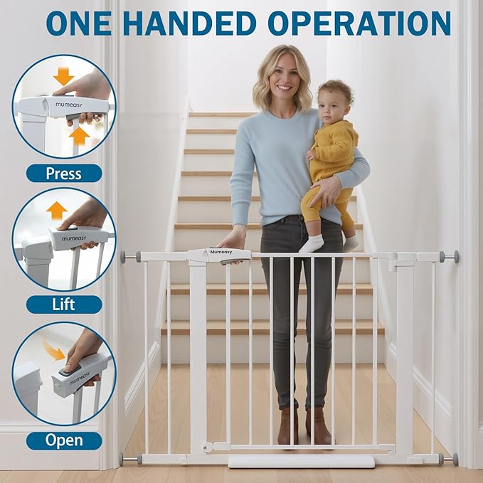 Baby Gate for Stairs, 29.7-40.6" Pressure Mounted Dog Gate, Auto Close Safety Gate for Children & Pets, Easy Install Pet Gate with Walk Thru Door for Doorways & Hallways, No Drilling, Dual-Lock Design