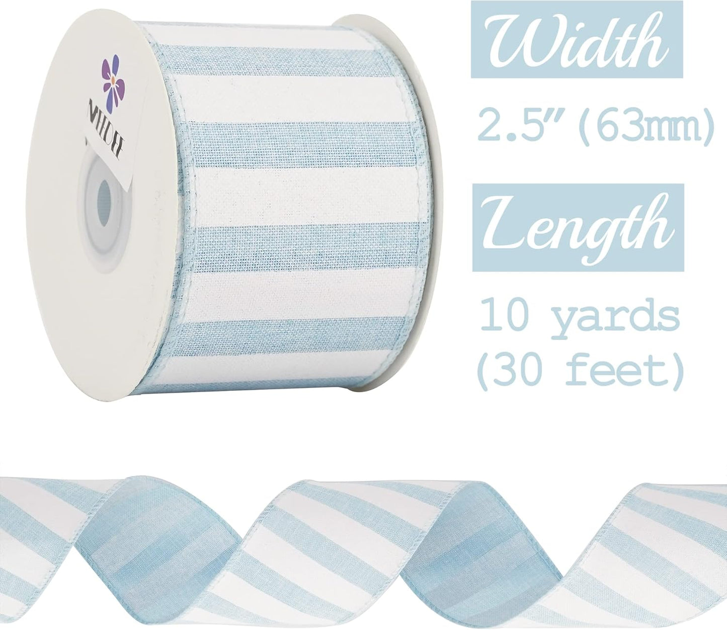 MEEDEE Blue White Stripe Ribbon 2.5 Inch Light Blue Wired Ribbon for Baby Boy Wreath, Baby Shower Elephant Wreath Diaper Cake Supplies, 10 Yards