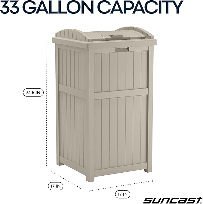 Suncast Hideaway Outdoor Trash Can with Lid - 30 Gallon Trash Can, Light Taupe, Decorative Wicker-Style Garbage Bin, Weather-Resistant Resin Fits 30-33 Gallon Bags, Ideal for Patio & Yard, Made in USA