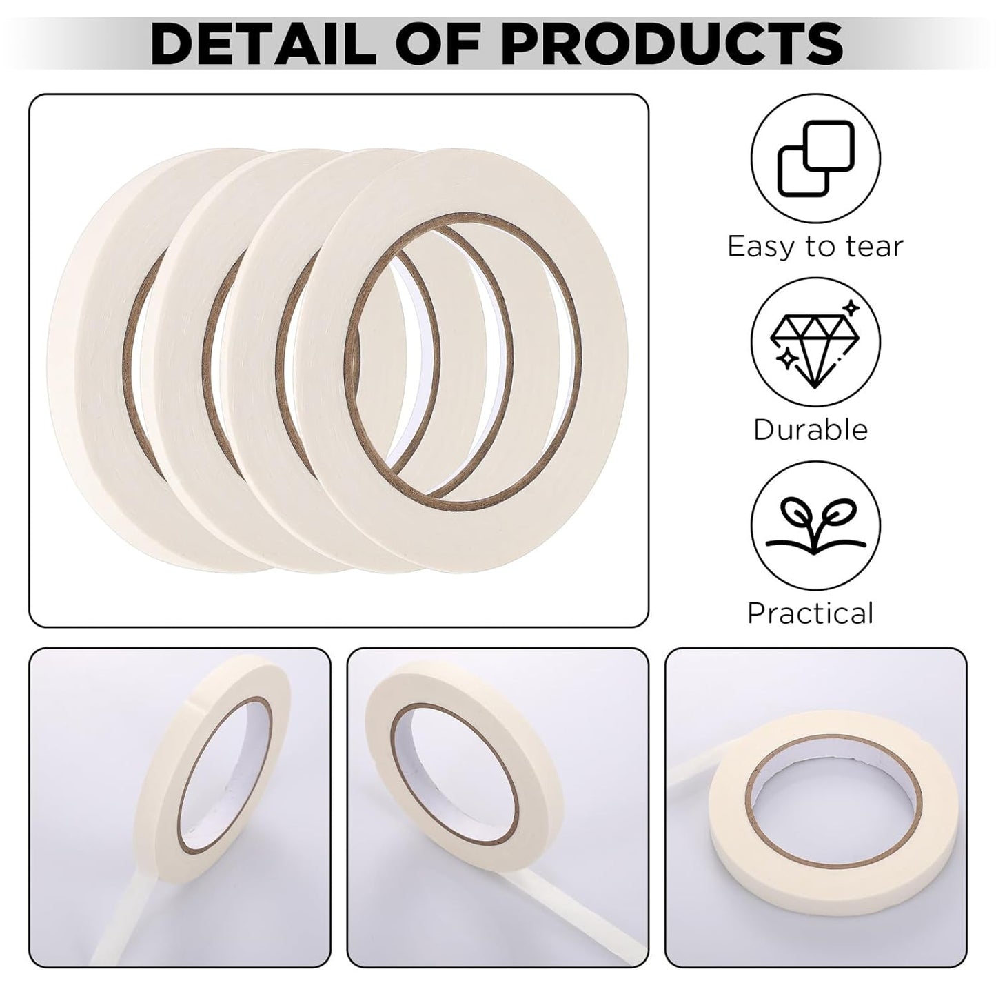 Epakh 4 Rolls Pinstripe Tape, Masking Tape in 1/16, 1/8, 1/4 and 1/2 Inch Wide, for Painters Automotive DIY Car Auto Paint Art(White,55 yd)