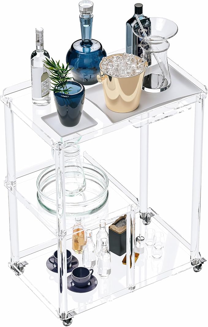 Dethan Acrylic Bar Cart with Lockable Wheels, 3 Tier Clear Serving Cart with Glass Holder, Rolling Beverage Cart for Home, Kitchen, Dining Room, Portable Mobile Bar Trolley for Small Spaces