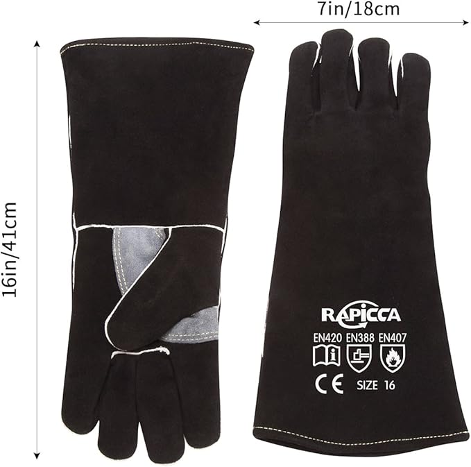 RAPICCA Welding Gloves 16IN Heat & Fire Resistant Leather for Stick MIG TIG Flux-Core Welder, Forge, Blacksmith, Fireplace, Wood Stove, Fire Pit, Furnace, Dry Ice Handling – Black – 662°F Protection