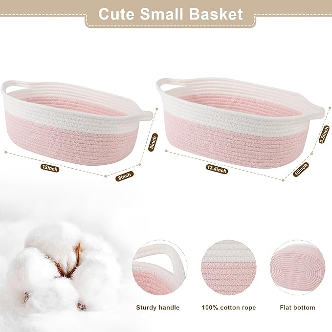 OIAHOMY Gift Basket Empty with Handle, 13.4"x 10"x 5.5" Small Woven Basket with Gift Bag, Ribbon and Wrap Tissue Paper, Dog Toy Storage for Organizing - Pink & White