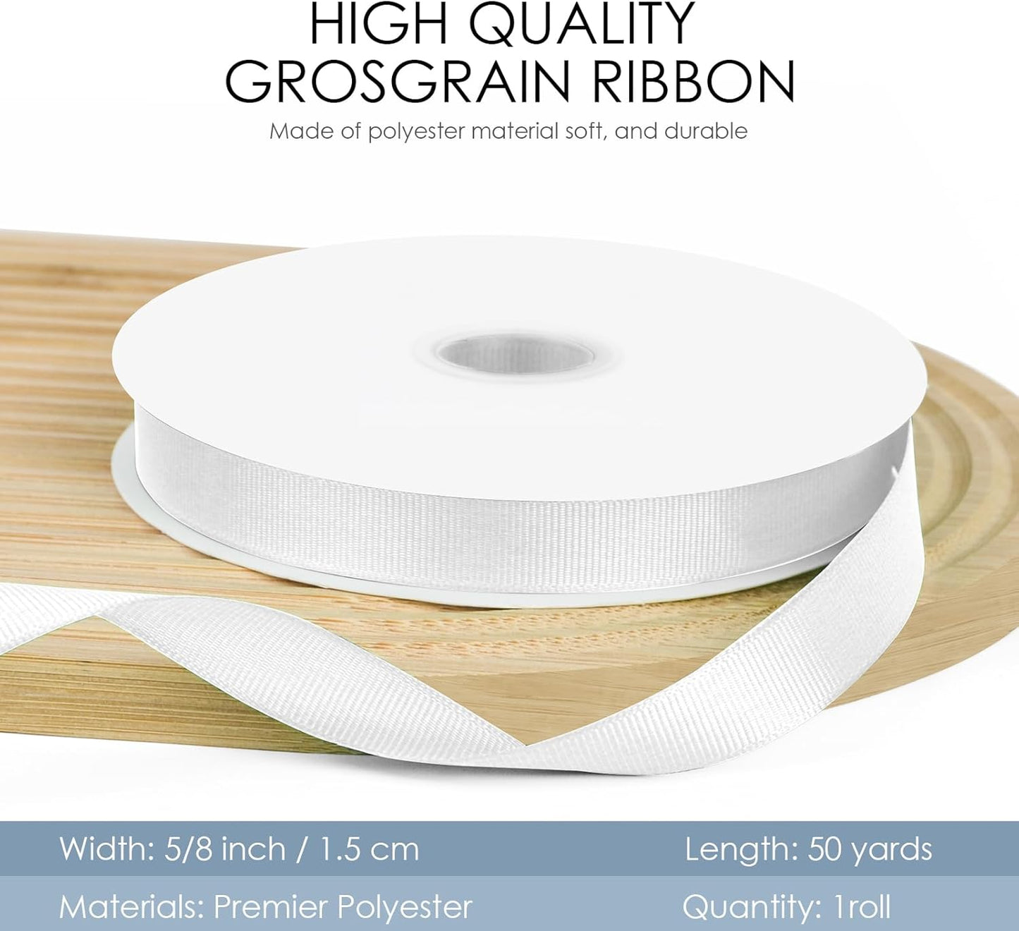 50 Yards 5/8 inch Grosgrain Ribbon, Solid Color Fabric Ribbon Perfect for Gift Wrapping, Wedding, Handmade Bows, Floral Bouquets and Party Decoration(White)
