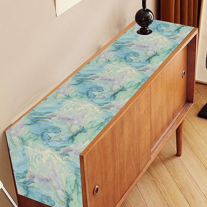 Summer Beach Table Runner, Blue Sea Coastal Nautical Marble Wave Ocean Table Runner Seasonal Holiday Home Kitchen Dining Table for Home Party Decor 13"x36"