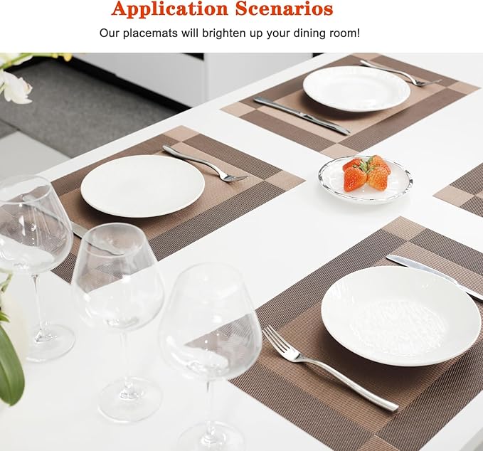 Placemats Set of 6,Washable,Heat and Stain Resistant Indoor/Outdoor Place mats,Vinyl Woven Non Slip Table Mats for Restaurant Table Protection,PVC Placemats(Brown,6PCS)