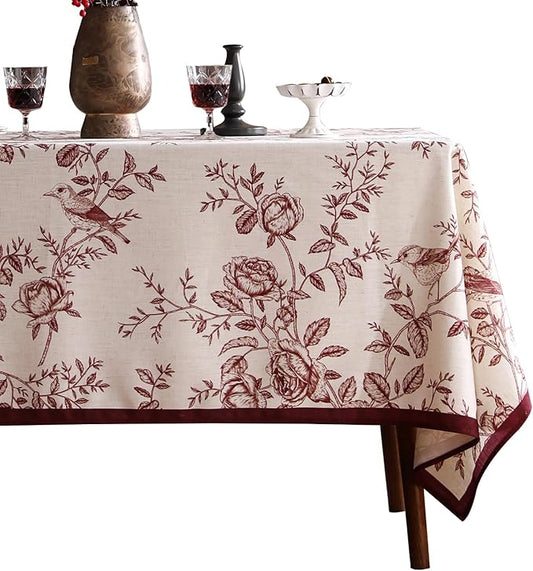 ISAENNE Designer Vintage Linen Long Tablecloth Rectangle,Red Floral Pattern Linen Stain Resistant Table Cloth,Decor Tablecloths for Dining Thanksgiving Kitchen Tea Party,63"*94"-Harmony