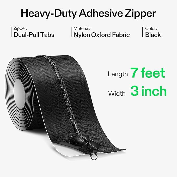 VIVOSUN 1-Pack Self Adhesive Zipper Door for Debris Barriers, 3In. x 7Ft. Peel & Stick, Heavy-Duty & Double-Sided Zipper for Tarp, Greenhouse, Indoor Outdoor Tent, Black