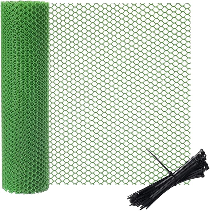 vensovo Plastic Wire Mesh Fence 16IN x 10FT Roll - Green Chicken Wire Fencing for Poultry, Gardening Barrier, Balcony Guard for Cats and Dogs, Floral Craft Mesh with 20 Zip Ties