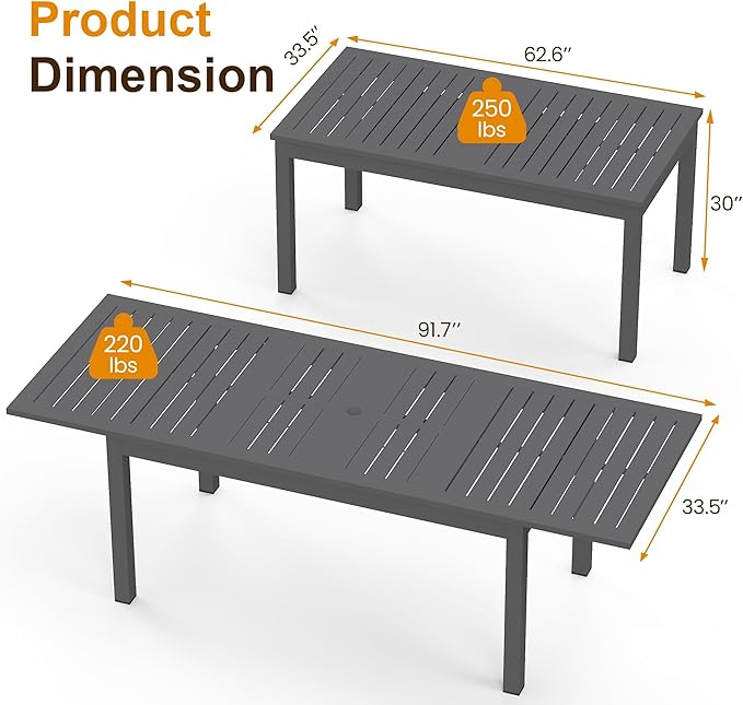 Expandable Aluminum Outdoor Dining Table, 3-Adjustable Lengths Patio Dining Table for 6-10 Person, 91.7" L x 33.5" W Metal Patio Table with Umbrella Hole Adjustable Feet for Garden Porch Deck, Grey
