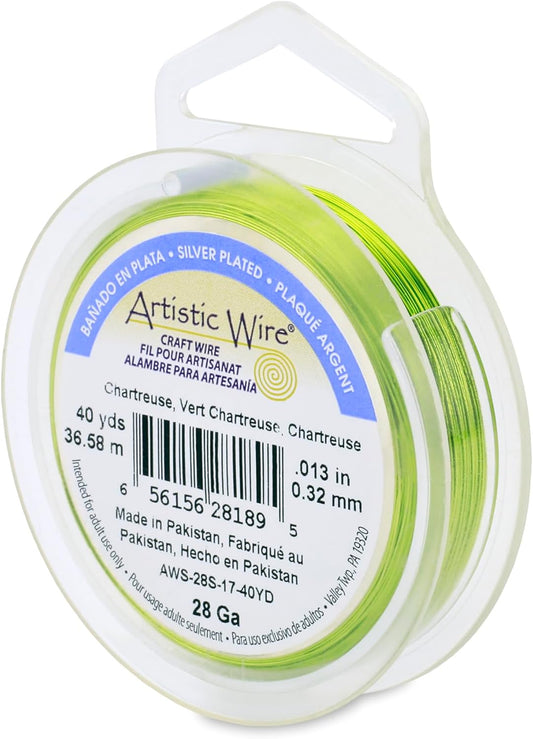 Artistic Wire, 28 Gauge Silver Plated Tarnish Resistant Colored Copper Craft Wire, Chartreuse, 40 yd
