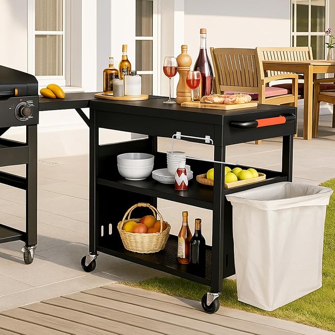 Outdoor Grill Table Cart for Blackstone 28"/36" Omnivore Griddle, 50" x 22“ Large Outdoor Kitchen Island with Foldable Side Table for Blackstone 17”/22” Griddle, Home BBQ, Tailgates, Cookouts