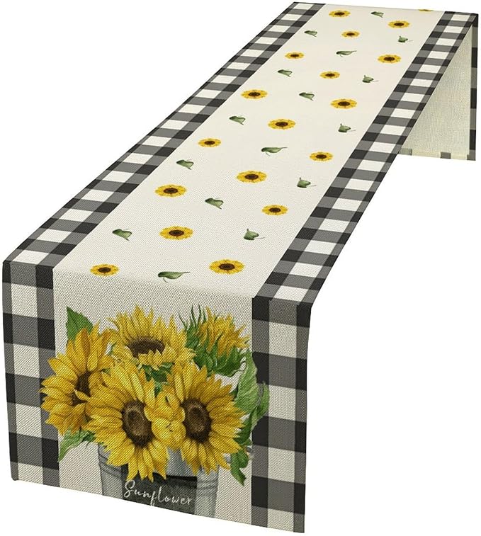 Morden Sunflower Table Runner,White Black Buffalo Plaid Watercolor Summer Flower Plants Leaves Print Table Runner for Kitchen Dining Table Holiday Home Party Decor 13x36in