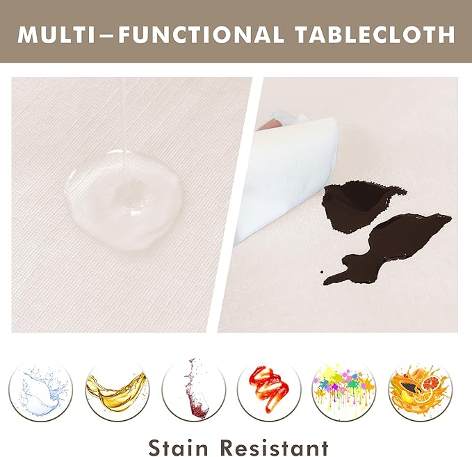 Nasitos 2 Pack Vinyl Tablecloth Rectangle 60x120 Inch-Beige Tablecloth Wrinkle Resistant Waterproof Oil-Proof Flannel Backed Tablecloth, Wipeable Plastic Table Cover for Dinner, Kitchen, Outdoor