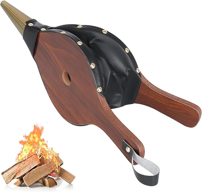 Gtongoko Fireplace Bellows Air Blower Cast Nozzle 14.8" x 5.6" for Outdoor Camping BBQ Grill Chimney Hand Bellow Pump Pit Barbeque Fire Tools Accessories with Hanging Strap, Brown