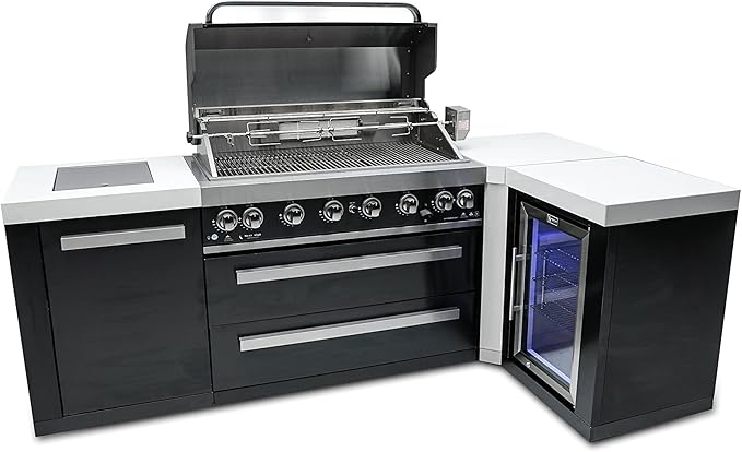 Mont Alpi MAi805-BSS90FC Black Stainless Steel 90 Degree Corner Gas Outdoor Kitchen Bar Island Grill w/Wine Cooler Beverage Center Refrigerator + Infrared Side & Rear Burners + Granite Countertop