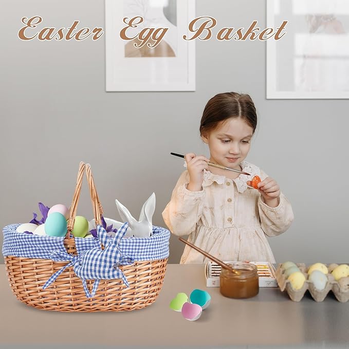 G GOOD GAIN Wicker Picnic Basket with Double Folding Handles,Willow Picnic Hamper,Natural Hand Woven Easter Basket,Easter Eggs and Candy Basket,Bath Storage,Gift Packing Basket.Blue