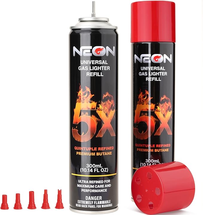 NEON Butane Fuel 300ml, 5X Premium Refined Butane Refill for Torch Lighter, 0 Impurities Lighter Fluid with Metal Nozzle & 5 Butane Gas Refill Adapters for Culinary, Welding, and DIY (2 Cans)