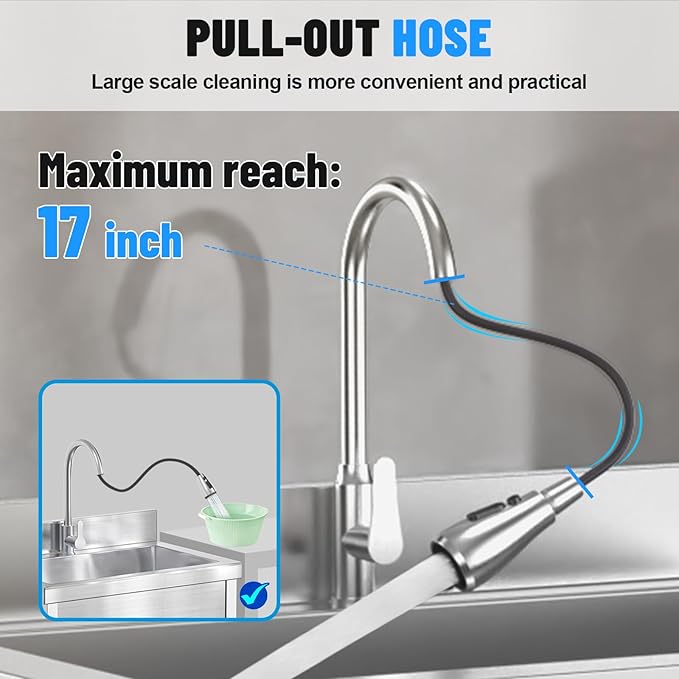 Stainless Steel Utility Sink, 39.5" × 23.6" × 31.5"Freestanding Sink with Retractable Cold and Hot Water Faucet,Hoses and Drain Kit for Kitchens, Bathrooms, Garage, Laundry Room