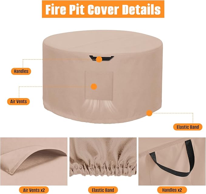 Kovshuiwe Round Fire Pit Cover-600D Fabric Waterproof and Resistant Material，Fits Outdoor For 18-22 Inch Fire Pit /Table Cover, Patio Fire Bowl Cover-22"DIA x 16"H, Khaki