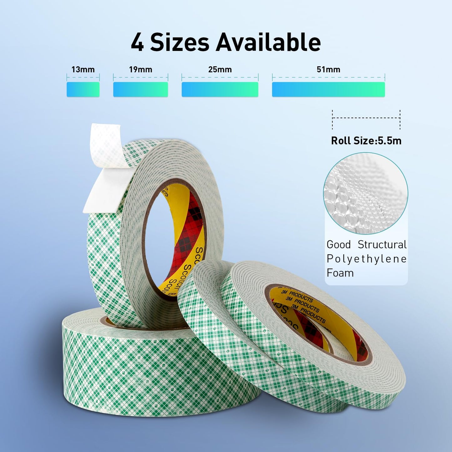 Double Sided Tape Foam Tape 1/2" x 18Ft Made of 3M High Shear Adhesive Mounting Tape with High Temperature Resistance for Interior Exterior Mounting Applications and Home Office Deco