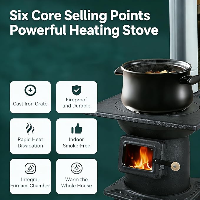 Wood Burning Stove with Chimney and Heat Shield, Outdoor Portable Heater for Camping, Cabin, Tent, Patio, Ice Fishing, Use with Firewood Coal, Carbon Steel, 3-Size Cooktop