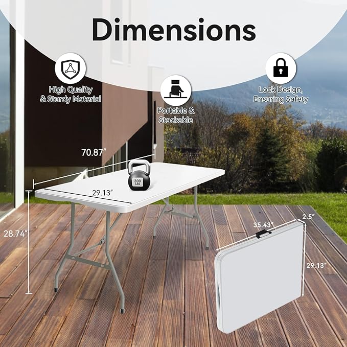 40 Pack of 6 Foot Foldable Table with Built in Handle & Steel Legs ,Heavy Duty Portable ,Perfect for Party, Dining, Wedding, Events, Picnic Indoor, Outdoor, Camping, Utility, Folding(white-40pac)