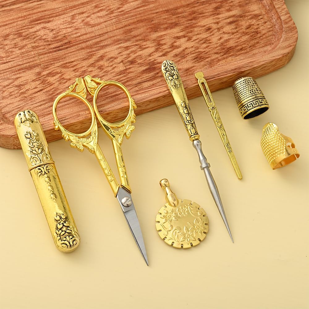 Vintage Embroidery Scissors Set, European Style Stainless Steel Sewing Tools for Sewing, Craft, Art Work, Needlework, Gold