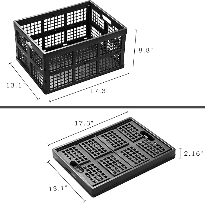 34L Large Plastic Folding Storage Crates,Collapsible Crates for Storage,Pack of 3 (Black)