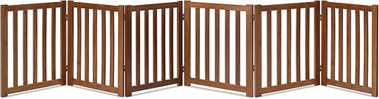 LZRS 6-Panel Extra-Wide Freestanding Wooden Dog Gate Indoor – 24”High Foldable Safety Pet Barrier for Doorways, Hallways, Kitchens, and Long Staircases, Durable Design fit Small to Medium Dogs, Oak