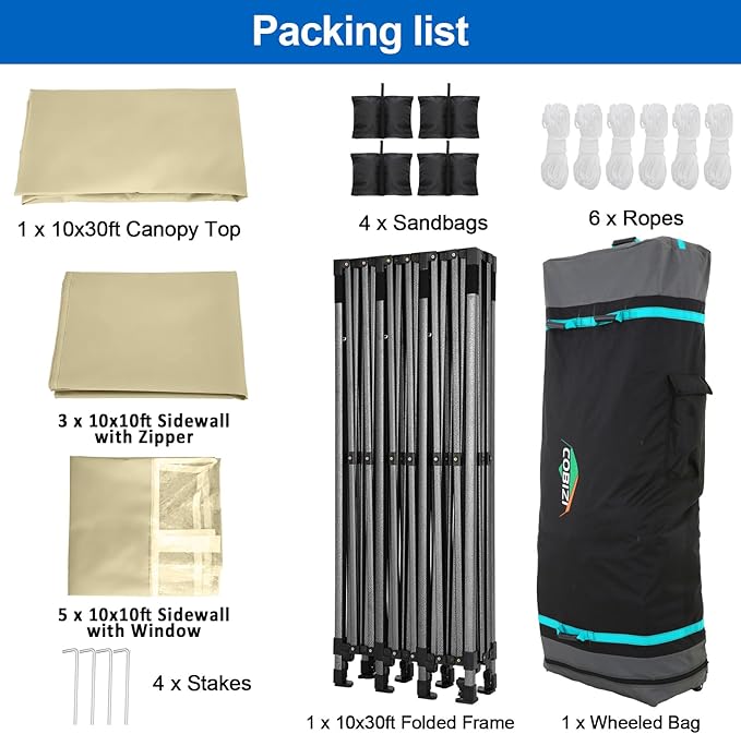 COBIZI 10x30 Pop up Canopy Tent 10x30 Canopy with Sidewall Waterproof Heavy Duty Commercial for Parties Outdoor Garden Gazebo Tent, Carry Bag with Wheel(10x30ft with Sidewalls,Khaki)