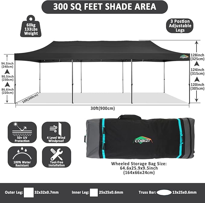 COBIZI 10x30 Pop up Canopy Tent 10x30 Canopy No Sidewall Waterproof Heavy Duty Commercial for Parties Outdoor Garden Gazebo Tent, Carry Bag with Wheel(10x30ft No Sidewalls, Black)