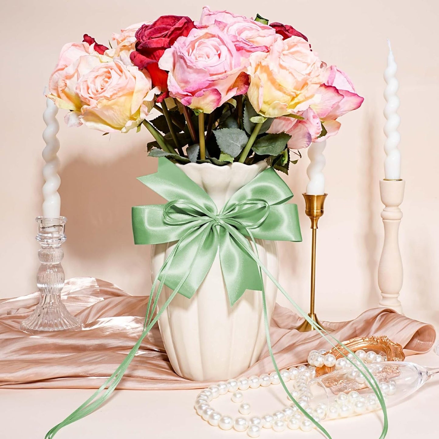 LaRibbons Sage Green Satin Ribbon 1 Inch 50 Yards Luxury Double Faced Green Silk Ribbon for Flower Bouquet Crafts Gift Wrapping Wedding Decoration