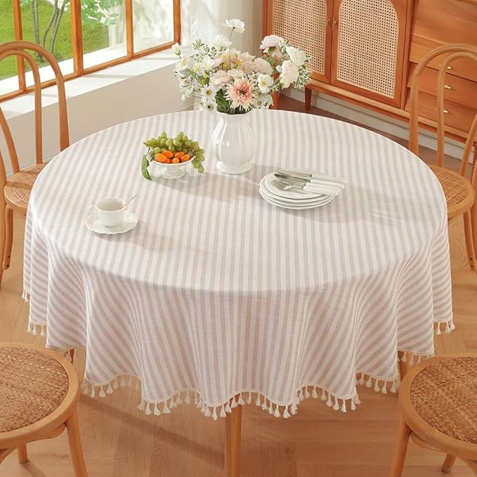 TruDelve Small Round Table Cloth 60 Inch Beige Striped Cloth Tablecloth Boho Fall Round Tablecloths for Outdoor Table Cover (Beige,60",Round)