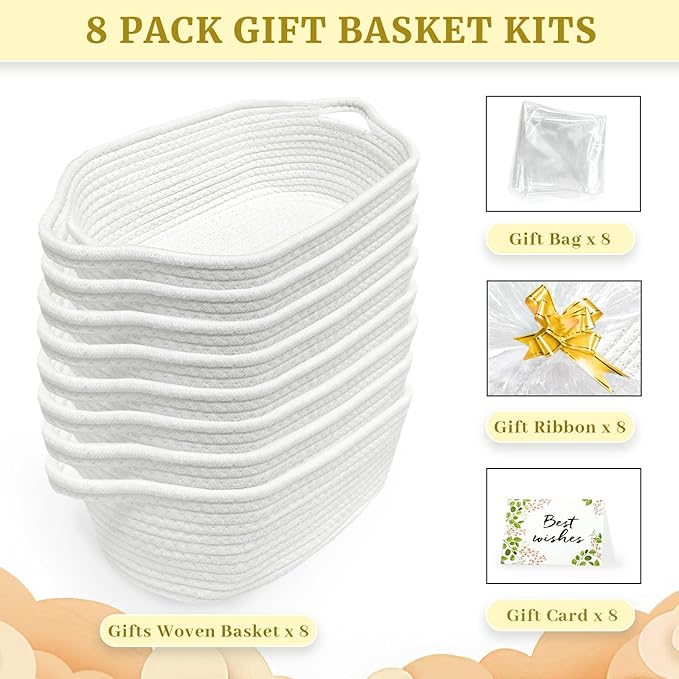 Succwoah 8 Pack Small Woven Baskets with Gift Bags & Ribbons & Cards, Cotton Rope Nursery Storage with Handles, 12"x8"x5", Empty Gift Baskets for Baby Shower, Christmas, Thanksgiving, Organizer (White)