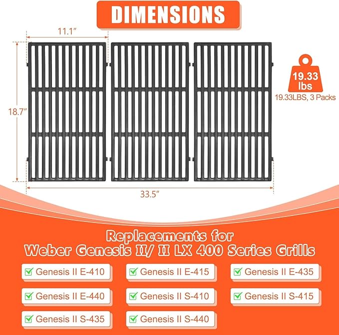 QuliMetal 66089 66097 Grill Grates for Weber Genesis 2 E-410/E-415/E-435, Grill Parts for Weber GS4 Genesis II/LX E-440 Series Gas Grills, 18.7" Cast Iron Replacements for Weber 66089 66097