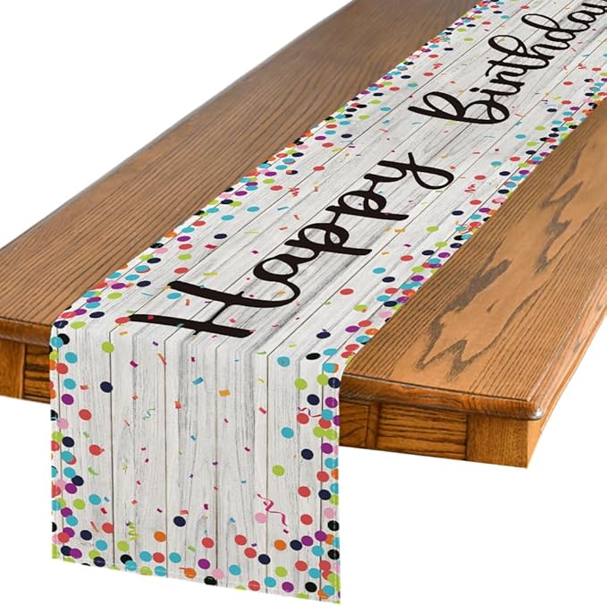 Artoid Mode Polka Dot Wood Happy Birthday Table Runner, Seasonal Kitchen Dining Table Decoration for Home Party Decor 13x72 Inch