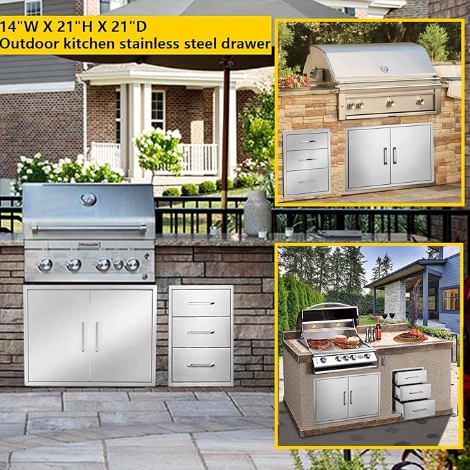 TIANAI Outdoor Kitchen Drawer 14" W x 21" H x 21" D Stainless Steel BBQ Drawer with Exquisite Handle Three-Opening Drawer for Embedded Installation